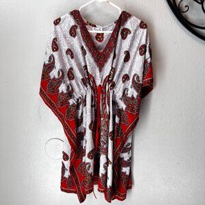 Santé Classics Red & White Paisley Kaftan Dress W/ Sequin Accents One Size